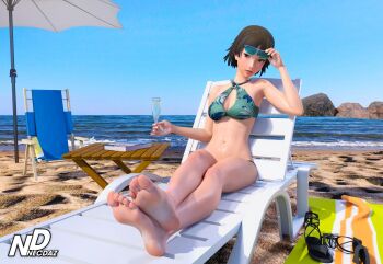 Rule 34 | 1girl, bare arms, bare legs, bare shoulders, barefoot, beach, beach towel, beach umbrella, bikini, blue sky, brown hair, champagne flute, cup, drinking glass, feet, feet together, female focus, flip-flops, foot focus, highres, navel, necdaz91, niijima makoto, ocean, persona, persona 5, sandals, shoes, short hair, sky, soles, sunglasses, sunglasses on head, swimsuit, toes, towel, umbrella, unworn shoes, watermark