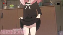 1girl ahoge animated anya_(spy_x_family) artist_name black_dress blush cleft_of_venus closed_mouth clothes_lift collarbone cone_hair_bun dress dress_lift feet_out_of_frame female_focus grin hair_bun indoors interior joutarou_(punianikobo) loli long_sleeves looking_at_viewer navel neck_ribbon paid_reward_available pink_hair pussy recording ribbon smile smug sound spy_x_family standing stomach teeth uncensored video viewfinder