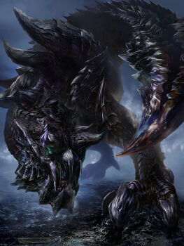 chin_spike commentary_request glavenus green_eyes highres horns kurotokusa monster monster_focus monster_hunter_(series) no_humans open_mouth scales sharp_tail spikes tail talons