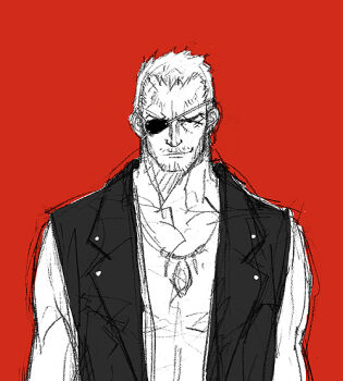 Rule 34 | 1boy, archived source, bare arms, black eyes, closed mouth, commentary request, eyepatch, forehead, jacket, jewelry, korean commentary, lapels, leather, leather jacket, male focus, monochrome, necklace, nose, opon, original, pectorals, red background, red jacket, short hair, sleeveless, sleeveless jacket, smirk, upper body