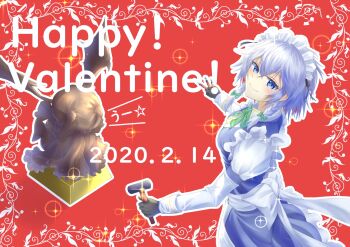 Rule 34 | 1girl, apron, back bow, black gloves, blue eyes, blue skirt, blue vest, bow, bowtie, braid, chakuma (yiyh1468), charisma guard, chocolate statue, collared shirt, commentary request, cowering, dated, frilled skirt, frills, from above, gloves, green bow, green bowtie, grey hair, hair bow, hammer, happy valentine, highres, holding, holding hammer, holding tool, izayoi sakuya, light blush, lips, long sleeves, maid apron, maid headdress, medium hair, pedestal, red background, remilia scarlet, shirt, skirt, smile, solo, sparkle, touhou, twin braids, uu~, valentine, vest, white bow, white shirt