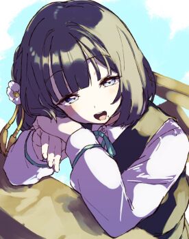 Rule 34 | 1girl, :d, black vest, blush, commentary request, flower, gakuen idolmaster, hair flower, hair ornament, half-closed eyes, hand rest, hataya misuzu, hatsuboshi gakuen school uniform, idolmaster, jamir, looking at viewer, mole, mole under mouth, open mouth, own hands together, purple eyes, purple hair, round teeth, school uniform, shirt, short hair, simple background, smile, solo, teeth, upper body, upper teeth only, vest, white background, white flower, white shirt