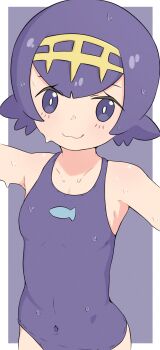 1girl :3 absurdres animal_print border breasts bright_pupils closed_mouth commentary covered_navel fish_print grey_background hairband highres lana_(pokemon) looking_at_viewer nico_kobayashi nintendo no_sclera one-piece_swimsuit pokemon pokemon_sm short_hair smile solo swimsuit wet wet_hair white_border white_pupils yellow_hairband