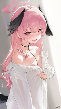 1girl absurdres bare_shoulders black_wings blue_archive breasts commentary_request feathered_wings hair_between_eyes halo head_wings highres koharu_(blue_archive) liago long_hair looking_at_viewer low_wings pink_eyes pink_hair pink_halo see-through_clothes see-through_shirt shirt sidelocks small_breasts solo white_shirt wings