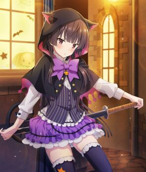 Rule 34 | 1girl, against wall, alley, animal ear fluff, animal ear hood, animal hood, bat (animal), black capelet, black hood, black thighhighs, black vest, blunt ends, bow, bowtie, brown hair, capelet, cat hood, closed mouth, cowboy shot, dot nose, fake animal ears, frilled thighhighs, frills, game cg, halloween, halloween costume, holding, holding behind back, holding sword, holding sword behind back, holding weapon, holding weapon behind back, hood, jack-o'-lantern, juujou hiyori, katana, large bow, lens flare, long hair, long sleeves, looking at viewer, night, official art, outdoors, purple bow, purple bowtie, purple skirt, red eyes, sheath, sheathed, shirt, sidelocks, skindentation, skirt, solo, sparkle, striped clothes, striped vest, sword, thighhighs, third-party source, toji no miko, toji no miko: kizamishi issen no tomoshibi, vertical-striped clothes, vertical-striped vest, vest, weapon, white shirt, window