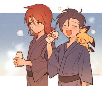 Rule 34 | 2boys, black hair, blue kimono, blush, bottle, breath, chueog, commentary, cowboy shot, dot nose, ethan (pokemon), gen 2 pokemon, grey eyes, grey kimono, hair between eyes, highres, holding, holding bottle, japanese clothes, kimono, long sleeves, looking to the side, male focus, medium hair, milk bottle, moomoo milk, multiple boys, nintendo, on shoulder, open mouth, pichu, pokemon, pokemon (creature), pokemon heartgold and soulsilver, pokemon on shoulder, red hair, sideways glance, silver (pokemon), triangle mouth, twitter username, untranslatable commentary, wide sleeves, yukata