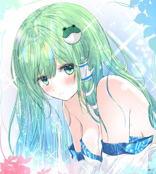 1girl absurdres blush breasts breasts_day cleavage closed_mouth commentary_request detached_sleeves frog_hair_ornament good_breasts_day green_eyes green_hair hair_ornament hair_tubes highres kochiya_sanae large_breasts long_hair looking_at_viewer single_hair_tube snake_hair_ornament solo sparkle tomo_(uguisu-tei) touhou