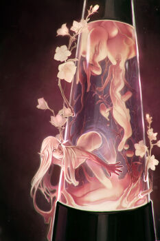 3girls absurdres blonde_hair breasts brittany_jackson elf flat_chest flower highres lava_lamp long_hair looking_at_viewer multiple_girls nude original pointy_ears small_breasts through_wall