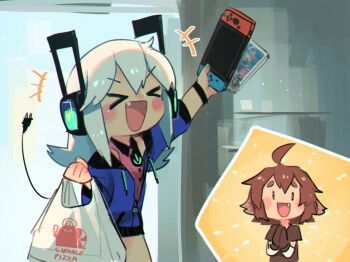 Rule 34 | > <, +++, 1boy, 1girl, :d, ahoge, animal ears, aqua nails, arm up, bag, blush stickers, borrowed character, brown hair, cable, chaiko (chaikodog), chaiko (rori (4chan)), chibi, closed eyes, commentary, cut-in, digitan (porforever), dog boy, dog ears, drawstring, electric plug, electric plug tail, english commentary, fang, headphones, holding, indoors, long hair, nail polish, nintendo switch, open mouth, original, plastic bag, porforever, power symbol, smile, tail, white hair, wristband, xd