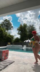 1girl animated arm_tattoo audible_music bikini box dancing dexter&#039;s_laboratory dexter&#039;s_mom dragon_tattoo fat fat_woman gloves green_bikini jiggle leg_tattoo mom_(dexter&#039;s_laboratory) mysticbeing navel orange_hair outdoors poolside real_life short_hair sound string_bikini swimsuit tagme tattoo video yellow_gloves