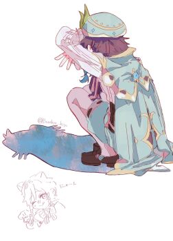 1boy androgynous animal_ears arms_up artist_name baggy_shorts banthyo_hiyo beret black_bow black_bowtie black_corset black_hair blue_hair blush bow bowtie braid brown_shoes cape cat_ears cat_shadow_puppet_(meme) clenched_hand closed_mouth commentary_request corset crossed_arms frills full_body genshin_impact gradient_hair green_cape green_hat green_shorts hand_up hat hat_ornament highres kemonomimi_mode leaf_hat_ornament long_sleeves looking_at_viewer male_focus meme multicolored_hair no_headwear one_eye_closed pantyhose puffy_long_sleeves puffy_sleeves shadow shirt shoes short_hair shorts simple_background smile solo squatting striped_bow striped_bowtie striped_clothes tongue tongue_out twin_braids two-tone_hair venti_(genshin_impact) white_background white_pantyhose white_shirt