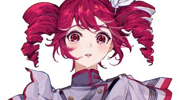 1girl absurdres benkeinazuna crying drill_hair hashtag-only_commentary highres kasane_teto looking_at_viewer medium_hair red_eyes red_hair solo straight-on tears twin_drills voiceroid white_background