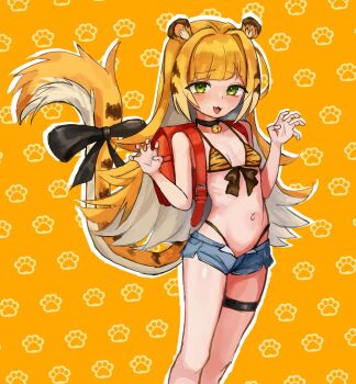 1girl animal_collar animal_ears animal_print backpack bag bikini bikini_top_only black_bow blush bow bow_bikini breasts claw_pose collar cropped fang green_eyes highres ju_fufu large_bow loli lovin_arte multicolored_hair navel neck_bell open_mouth orange_background outline paw_print paw_print_background print_bikini print_bikini_top short_shorts shorts small_breasts solo standing swimsuit tail tail_bow tail_ornament thigh_strap tiger_ears tiger_girl tiger_print tiger_print_bikini tiger_tail variant_set white_outline zenless_zone_zero