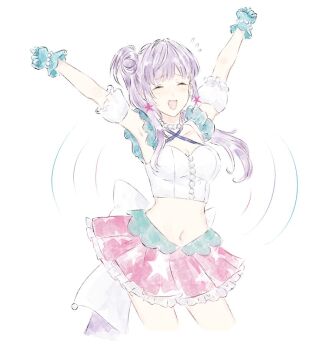 1girl ^_^ aqua_gloves armpits breasts cleavage closed_eyes collarbone commentary_request cosplay cowboy_shot crop_top cropped_legs daydream_mermaid earrings frilled_shirt frills gloves hair_bun jewelry konoe_kanata konoe_kanata_(cosplay) link!_like!_love_live! love_live! love_live!_nijigasaki_high_school_idol_club love_live!_nijigasaki_high_school_idol_club_the_movie_-_finale medium_breasts miniskirt navel otomune_kozue pink_skirt print_skirt raised_inner_eyebrows shirt side_ponytail sidelocks simple_background single_side_bun skirt sleeveless sleeveless_shirt solo star_(symbol) star_earrings star_print stomach virtual_youtuber white_background white_shirt yoruneko_yashiro