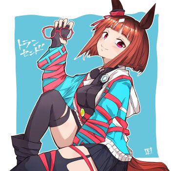 Rule 34 | 1girl, animal ears, aqua coat, badge, black garter straps, black gloves, black shirt, black thighhighs, blush, bow, breasts, brown hair, button badge, closed mouth, coat, commentary request, ear ornament, ear ribbon, fanny pack, fingerless gloves, garter straps, gloves, headphones, headphones around neck, highres, holding, holding removed eyewear, horse ears, horse girl, horse tail, jacket, long sleeves, looking at viewer, multicolored hair, open clothes, open coat, panch4989new, red-framed eyewear, red eyes, shirt, short hair, smile, solo, tail, thighhighs, transcend (umamusume), transcend (zoku-zoku gizmo) (umamusume), umamusume, unworn eyewear