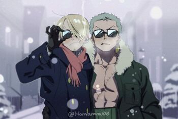 2boys abs adjusting_eyewear arm_around_waist bare_pectorals blush breast_pocket cigarette closed_mouth coat collarbone commentary_request fur-trimmed_collar fur_trim green_hair haramaki jacket long_sleeves male_focus multiple_boys one_piece open_clothes open_jacket parted_bangs parted_lips pectorals pocket red_scarf roronoa_zoro sanji_(one_piece) scar scar_on_chest scarf short_hair smoke smoke_trail smoking snow snowing sunglasses taro_(honyarara00) tree twitter_username upper_body very_short_hair