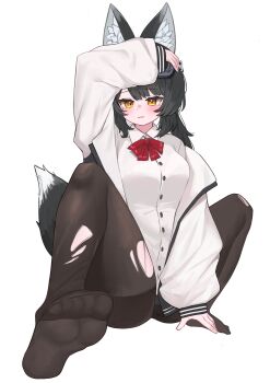 Rule 34 | 1girl, absurdres, animal ears, black hair, collared shirt, fox ears, fox girl, fox tail, highres, jacket, neck ribbon, original, pantyhose, pocari (sq551), puffy sleeves, red ribbon, ribbon, shirt, simple background, solo, tail, torn clothes, torn pantyhose, vrchat, white background, white jacket, white shirt, yellow eyes