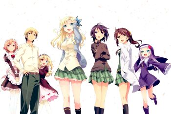 1boy 6+girls apron black_cardigan black_dress black_hair black_hat black_socks blonde_hair blue_cardigan blue_eyes boku_wa_tomodachi_ga_sukunai brown_eyes butterfly_hair_ornament cardigan closed_mouth dress everyone falling_petals frilled_apron frills green_pants green_skirt hair_ornament hair_scrunchie hairband handheld_game_console hasegawa_kobato hasegawa_kodaka hat heterochromia highres kashiwazaki_sena kneehighs kusunoki_yukimura lab_coat lace lace-trimmed_skirt lace_trim lolita_hairband long_hair long_sleeves maid_apron maid_headdress mikazuki_yozora multiple_girls nun open_mouth orange_eyes pants petals plaid_clothes plaid_skirt playstation_portable pleated_skirt ponytail purple_eyes red_eyes school_uniform scrunchie shiguma_rika shirt short_hair simple_background skirt smile socks st._chronica_academy_school_uniform standing takayama_maria watanabe_yoshihiro white_apron white_background white_hair white_shirt wide_sleeves yellow_scrunchie