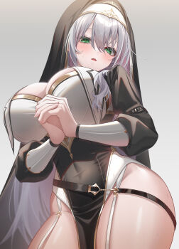 Rule 34 | 1girl, black dress, black veil, bratja, breast curtains, breasts, commentary, covered navel, double-parted bangs, dress, garter straps, green eyes, grey background, guimpe, hair between eyes, highres, hololive, huge breasts, long dress, long hair, long sleeves, looking at viewer, nun, official alternate costume, official alternate hair length, official alternate hairstyle, open mouth, own hands clasped, own hands together, pelvic curtain, puffy long sleeves, puffy sleeves, shirogane noel, shirogane noel (battle nun), simple background, solo, untranslatable commentary, veil, very long hair, virtual youtuber, white garter straps