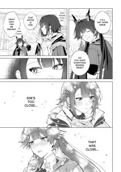 Rule 34 | 2girls, absurdres, arknights, arknights: endfield, blush, chen qianyu (arknights), coat, commentary, dragon girl, dragon horns, eastern dragon horns, endministrator (arknights), female endministrator (arknights), gloves, greyscale, highres, horns, jacket, long hair, monochrome, multiple girls, natsuki (2917), open clothes, open coat, open mouth, pointing, pointing at self, sweater, turtleneck, turtleneck sweater, twintails, untranslatable commentary, yuri