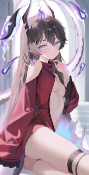 1girl absurdres ass bare_shoulders black_hair black_horns blue_eyes blush breasts brown_hair center_opening clothing_cutout commentary commission day dragon_girl dragon_horns dragon_tail dress fiery_tail fire from_side hair_between_eyes hand_up highres horns light_particles long_sleeves looking_at_viewer lying moemoepiano mole mole_under_eye multicolored_hair navel open_mouth original outdoors pixiv_commission pointy_ears purple_fire purple_streaks red_dress shoulder_cutout sitting slit_pupils small_breasts solo streaked_hair tail thigh_strap thighhighs thighs