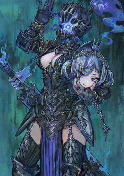 1girl absurdres arm_up armor blue_eyes blue_fire blue_hair blue_tongue breasts chain cleavage cleavage_cutout clothing_cutout colored_tongue commentary_request crown dullahan fingernails fire gloves hair_ornament helmet highres holding holding_detached_head jewelry knight long_fingernails looking_at_viewer medium_breasts mini_crown monster_girl original pelvic_curtain ring sabamiso_taro shoulder_armor sword tongue tongue_out twintails weapon