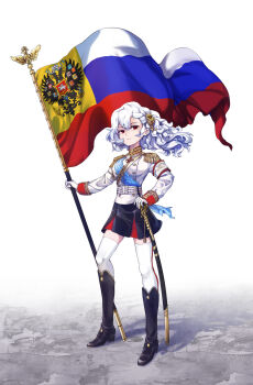 1girl alpha1918 artist_request boots braid cross curly_hair hair_ornament hand_on_own_hip highres iron_cross looking_at_viewer military military_uniform red_eyes russian russian_flag saber_(weapon) sash skirt sword thighhighs weapon white_background white_hair white_thighhighs