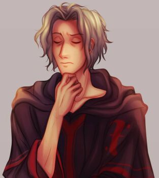 Rule 34 | 1boy, black cloak, cloak, closed eyes, closed mouth, commentary, english commentary, grey background, grey hair, hand on own chest, highres, hood, hood down, hooded cloak, kyokugen dasshutsu, kyokugen dasshutsu: 9 jikan 9 nin 9 no tobira, male focus, niels (kyokugen dasshutsu), official alternate costume, short hair, simple background, solarwreathe, solo, upper body