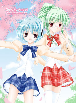 00s 2girls black_eyes blue_hair broccoli_(company) character_name cherry_blossoms copyright_name dutch_angle galaxy_angel galaxy_angel_rune glasses green_hair looking_at_viewer miniskirt multiple_girls nano-nano_pudding non-web_source outdoors petals red_eyes school_uniform skirt thighhighs tree vanilla_h zettai_ryouiki