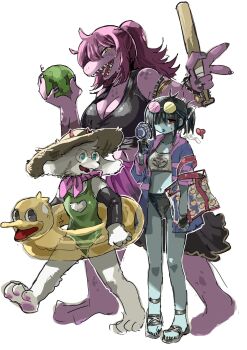 1boy 1girl 1other alternate_costume alternate_hairstyle animal_ears bag barefoot baseball_bat black_gloves blue_skin blue_tongue breasts cleavage colored_skin colored_tongue commentary deltarune eyewear_on_head fewer_digits food fruit full_body furry furry_female furry_male glasses gloves goat_boy goat_ears goat_horns green_one-piece_swimsuit grgrkenkou group_picture hat highres holding holding_baseball_bat horns horns_through_headwear hot kris_(dark_world)_(deltarune) kris_(deltarune) long_hair navel one-piece_swimsuit open_mouth pawpads pink_skin ponytail purple_hair ralsei red_eyes round_eyewear sandals sarong sharp_teeth simple_background smile standing sun_hat susie_(deltarune) swim_ring swimsuit symbol-only_commentary teeth tongue tongue_out utdr_(toby_fox) watermelon white_background