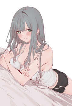 1girl bare_arms bare_shoulders black_shorts breasts camisole closed_mouth commentary dated_commentary dolphin_shorts emyo highres large_breasts long_hair looking_at_viewer lying on_stomach original shorts simple_background smile solo white_background white_camisole