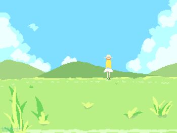 1girl animated animated_gif artist_name blonde_hair blue_eyes blue_sky cloud cloudy_sky cumulonimbus_cloud day dress hat hill kawawagi long_hair meadow original outdoors pixel_art sky solo straw_hat sundress turning_around unworn_hat unworn_headwear white_dress wind