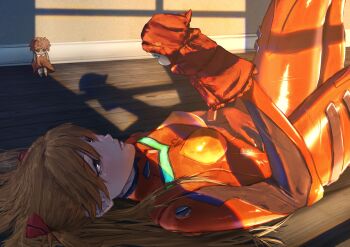 1girl absurdres bodysuit breasts commentary doll hand_puppet highres interface_headset_(evangelion) long_hair mecha_pilot_suit neon_genesis_evangelion orange_hair plugsuit_(evangelion) puppet red_bodysuit rurara987 solo souryuu_asuka_langley