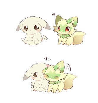 :3 :d blush brown_eyes closed_eyes commentary_request gen_1_pokemon heads_together highres nintendo no_humans notice_lines open_mouth pikachu pokemon pokemon_(creature) pokemon_focus red_eyes simple_background smile sprigatito white_background yupo_0322