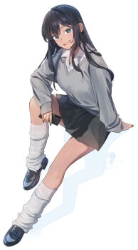 1girl :d black_hair black_shoes black_skirt blue_eyes blush cellphone collared_shirt dark-skinned_female dark_skin full_body grey_sweater highres holding holding_phone loafers long_hair long_sleeves looking_at_viewer loose_socks miniskirt okeno_kamoku open_mouth original phone pleated_skirt shirt shoes signature simple_background sitting skirt sleeves_past_wrists smartphone smile socks solo sweater white_background white_shirt white_socks