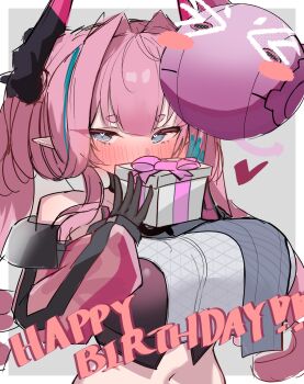 1girl arknights arknights:_endfield bare_shoulders black_gloves blue_eyes blue_hair breasts commentary_request dragon_girl dragon_horns gift gloves happy_birthday heart heart-shaped_pupils highres horns large_breasts long_hair midriff multicolored_hair pink_gloves pink_hair pointy_ears solo symbol-shaped_pupils twintails upper_body uroko_onyanoko yvonne_(arknights)