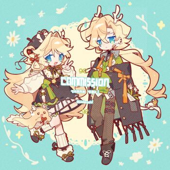 1boy 1girl :d antlers black_dress black_hat black_shoes blonde_hair blue_background blue_eyes brown_pants closed_mouth commission cross-laced_shoes double-parted_bangs dress full_body green_ribbon green_sweater hair_between_eyes hair_intakes hand_up hat highres horns long_hair long_sleeves looking_at_viewer meimei_(wakamoid) neck_ribbon open_mouth original pants ribbed_socks ribbon shirt shoes smile socks standing standing_on_one_leg sweater thank_you v white_shirt white_socks