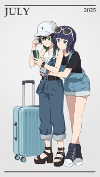 2025 2girls absurdres asaka_karin baseball_cap black_boots black_hair black_sandals blue_eyes blue_hair blue_overalls boots breasts collarbone commentary_request crossed_legs eyewear_on_head full_body grabbing_another&#039;s_breast grabbing_from_behind gradient_hair green_eyes green_hair grey_background groping hand_on_another&#039;s_stomach hat highres july laofuzi_dai_bansho love_live! love_live!_nijigasaki_high_school_idol_club medium_breasts medium_hair multicolored_hair multiple_girls overall_shorts overalls platform_sandals rolling_suitcase sandals simple_background standing strap_slip suitcase sunglasses takasaki_yu tank_top toes watson_cross white-framed_eyewear white_hat white_tank_top yuri