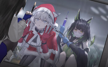 3girls alternate_costume arknights black_hair bound bound_wrists commentary_request food glasses gloves green_eyes grey_eyes grey_hair highres holding lappland_(arknights) long_hair looking_at_another mebe_(teadia_violet) mon3tr_(arknights) multicolored_hair multiple_girls official_alternate_costume pocky restrained sitting texas_(arknights) texas_the_omertosa_(arknights)