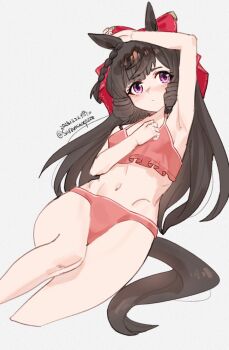 Rule 34 | 1girl, animal ears, armpits, bikini, blush, bow, braid, breasts, brown hair, closed mouth, commentary request, daiichi ruby (umamusume), drill hair, drill sidelocks, ear flower, hair bow, hair ornament, highres, horse ears, horse girl, horse tail, long hair, looking at viewer, midriff, navel, pink bikini, purple eyes, red bikini, red bow, saramiao-chan, sidelocks, simple background, small breasts, solo, swimsuit, tail, twin drills, umamusume