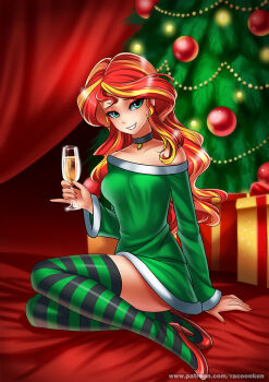 Rule 34 | 1girl, :d, alcohol, alternate costume, alternate skin color, aqua eyes, arm at side, arm support, bare shoulders, black choker, black thighhighs, breasts, champagne, champagne flute, choker, christmas, christmas ornaments, christmas tree, commentary, cup, curtains, double-parted bangs, dress, drinking glass, english commentary, eyeshadow, full body, gift, glass, green dress, green thighhighs, grin, hair over shoulder, hand up, high heels, highres, holding, holding cup, lips, long hair, looking at viewer, makeup, multicolored hair, multicolored thighhighs, my little pony, my little pony: equestria girls, my little pony: friendship is magic, nail polish, off-shoulder dress, off shoulder, open mouth, patreon username, pinky out, racoon-kun, raised inner eyebrows, red background, red eyeshadow, red hair, red nails, red shoes, shoes, short dress, sidelocks, simple background, sitting, small breasts, smile, solo, streaked hair, sunset shimmer, sunset shimmer (human), thighhighs, two-tone thighhighs, very long hair, vignetting, watermark, wavy hair, web address, yokozuwari, zettai ryouiki
