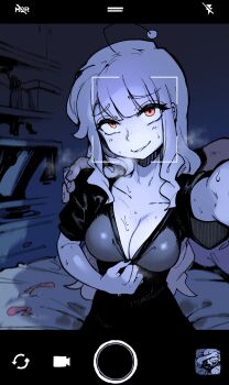 1boy 1girl absurdres aftersex ahoge arm_behind_back black_shirt body_freckles breasts cheating_(relationship) clothes_pull condom couple_texting_in_bed_(meme) covered_eyes cowboy_shot freckles freckles_on_breasts hand_on_own_face hand_over_face highres hime_cut karasu_raven long_hair looking_at_viewer medium_breasts meme netorare orange_eyes parted_lips fake_phone_screenshot recording reddit selfie sexually_suggestive shirt shirt_pull smile snoo sweat t-shirt used_condom wavy_hair