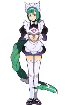 1girl 987645321o apron black_romper blunt_bangs bow bowtie braid braided_ponytail closed_mouth full_body green_hair grey_eyes hashtag-only_commentary highres juliet_sleeves lebanne_(pokemon) long_braid long_hair long_sleeves looking_at_viewer maid maid_apron maid_headdress mega_stone nintendo own_hands_clasped own_hands_together pokemon pokemon_legends:_z-a puffy_sleeves romper shoes simple_background solo thighhighs tsurime white_background white_bow white_bowtie white_thighhighs