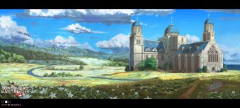 absurdres architecture artist_name asteriated_adventures blue_sky cathedral church cloud copyright_name day english_text flower forest grass highres landscape meadow mountainous_horizon nature no_humans official_art outdoors path reisen13 river road scenery sign sky white_flower