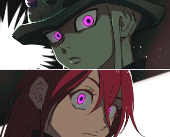 1boy 1girl black_background brother_and_sister close-up closed_mouth colored_eyelashes colored_skin freckles frown green_skin hunter_x_hunter kite_(chimera_ant) long_hair looking_at_viewer meruem monster_boy pink_eyes portrait red_hair saiko67 siblings split_screen spoilers white_background