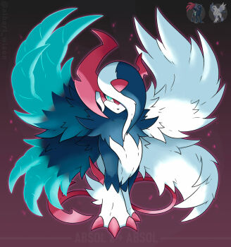 absol albrt-wlson alternate_color animal_focus aqua_eyes asymmetrical_horns bright_pupils character_name claws commentary english_commentary full_body fusion gen_3_pokemon hair_over_one_eye highres horns instagram_username mega_absol mega_absol_z mega_pokemon multiple_wings nintendo no_humans official_art_inset pokemon pokemon_(creature) pokemon_focus shiny_pokemon solo straight-on two-tone_fur white_pupils wings