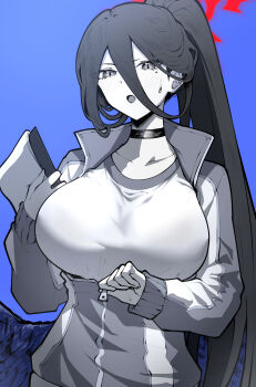 1girl black_hair blue_archive blush breasts epeulu_(ate5424) hasumi_(blue_archive) hasumi_(track)_(blue_archive) large_breasts ponytail solo twitter upper_body