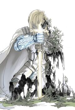 1boy armor bedivere_(fate) blonde_hair cape commentary_request disintegration energy_sword fate/grand_order fate_(series) flower grass highres kneeling korean_commentary male_focus planted planted_sword planted_weapon prosthesis prosthetic_arm solo stealtrigger sword weapon white_cape