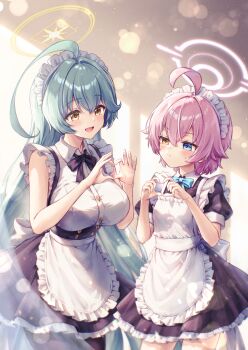 2girls :/ :d absurdres ahoge alternate_costume apron aqua_bow aqua_bowtie aqua_hair black_bow black_bowtie black_dress black_pantyhose blue_archive blush bow bowtie breasts dress ekura28 enmaided flat_chest four-finger_heart_hands frilled_apron frills halo heart heart_hands heterochromia highres hoshino_(blue_archive) hoshino_(first_year)_(blue_archive) huge_ahoge large_breasts long_hair maid maid_apron maid_headdress multiple_girls open_mouth pantyhose petticoat pink_hair puffy_short_sleeves puffy_sleeves short_hair short_sleeves sleeveless sleeveless_dress smile straight_hair sweatdrop thighs very_long_hair white_apron yume_(blue_archive)