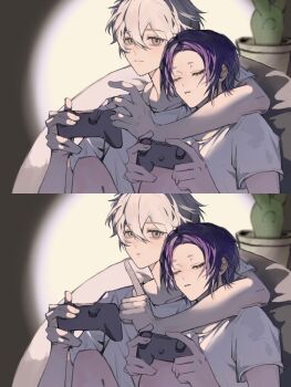 Rule 34 | 2boys, arm around neck, blue lock, cactus, closed mouth, commentary request, controller, couch, finger to mouth, grey eyes, highres, knees up, looking at viewer, mikage reo, multiple boys, nagi seishirou, on couch, playing games, playing video games, purple hair, shirt, short sleeves, shushing, sitting, sleeping, white hair, white shirt, yaoi, zzk002